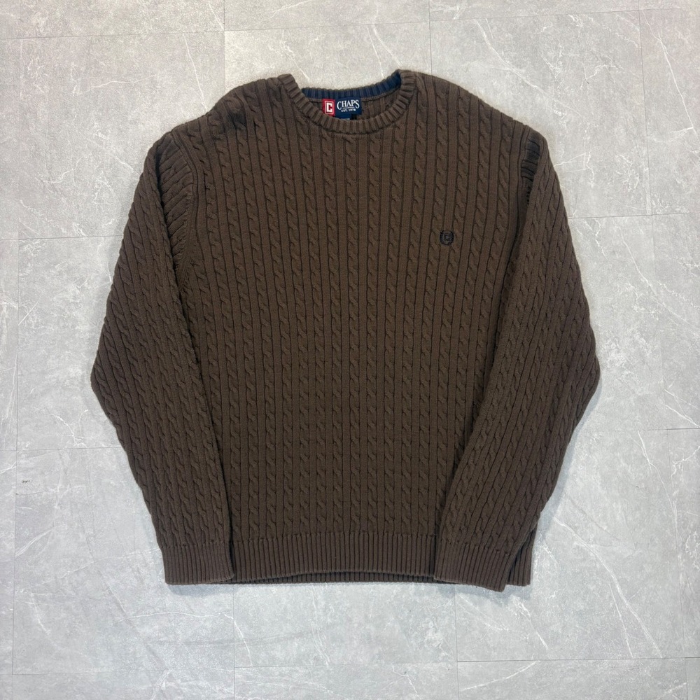 Chaps Mens XL Brown Cable Knit Cotton Crewneck Sweater Est 1978 Long Sleeve